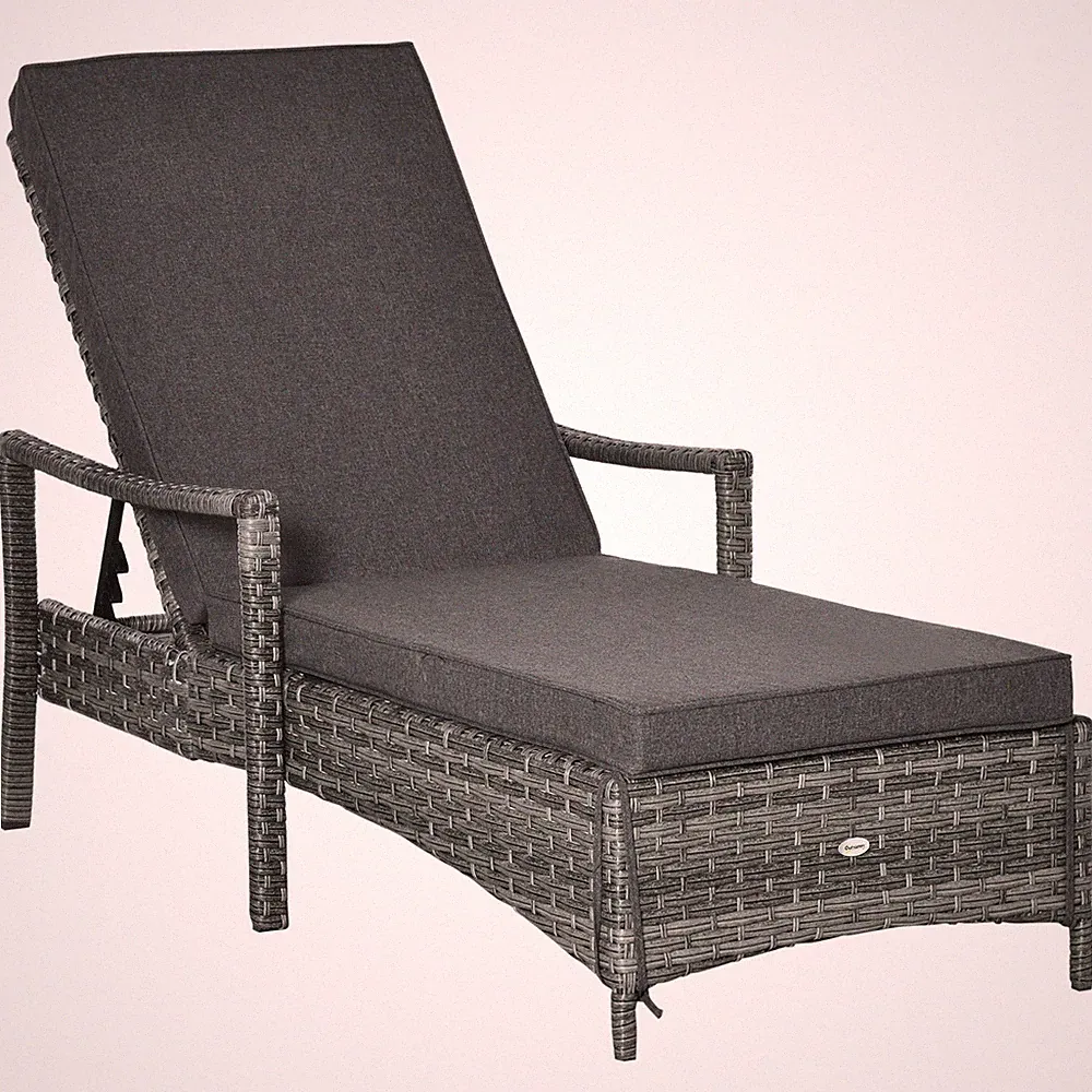 PE Rattan Chaise Lounge Chair 4-Position Reclining w/ Cushion Gray
