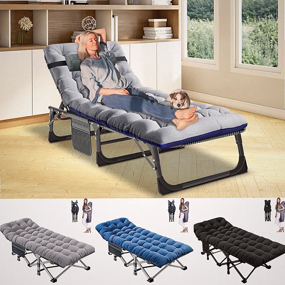 Slsy Folding Camping Cot Chair Chaise Longue Recliner W/Mat Pillow Side Pocket